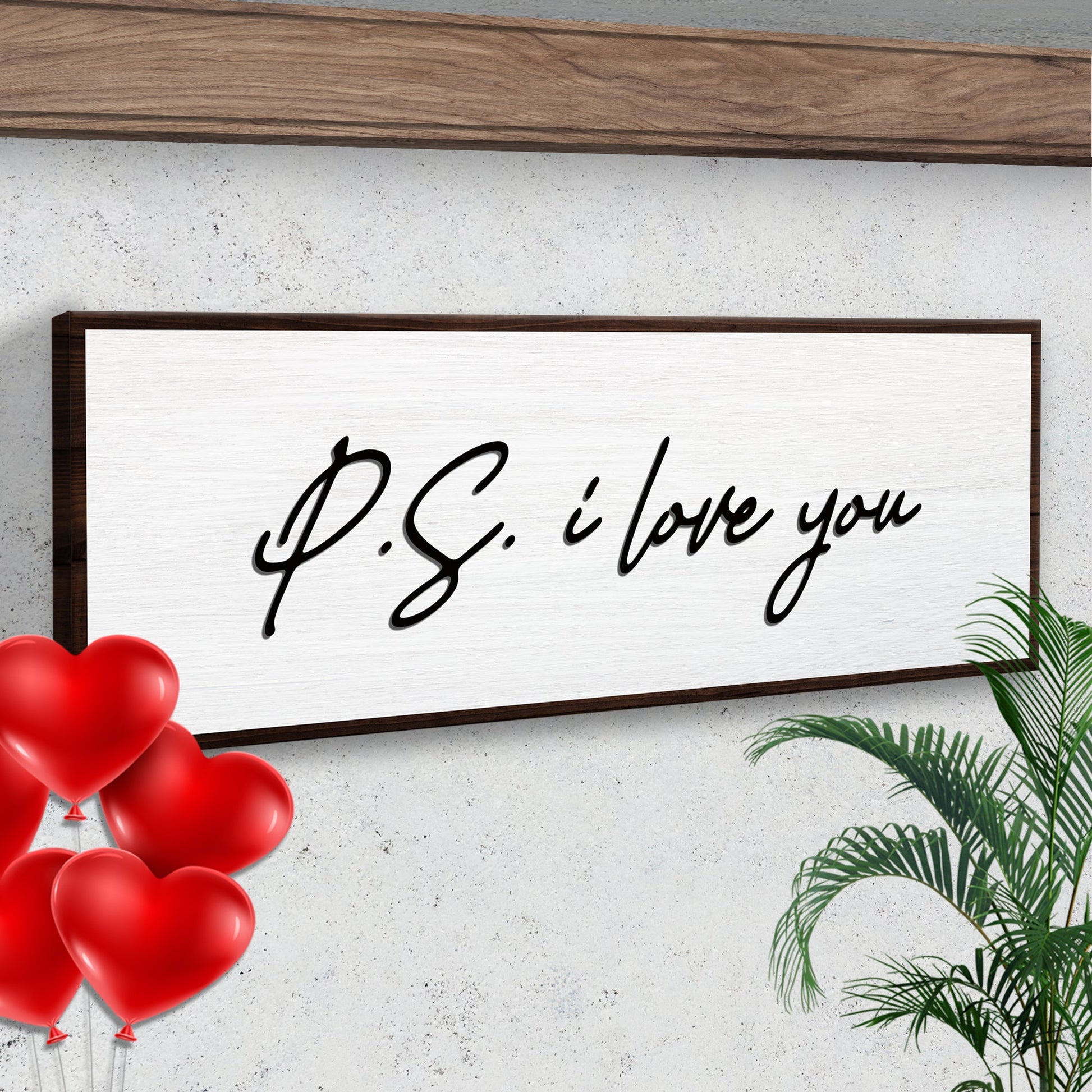 Valentine P.S. I Love You typography sign canvas in dark wood frame with black script on Tampa Home & Garden Store