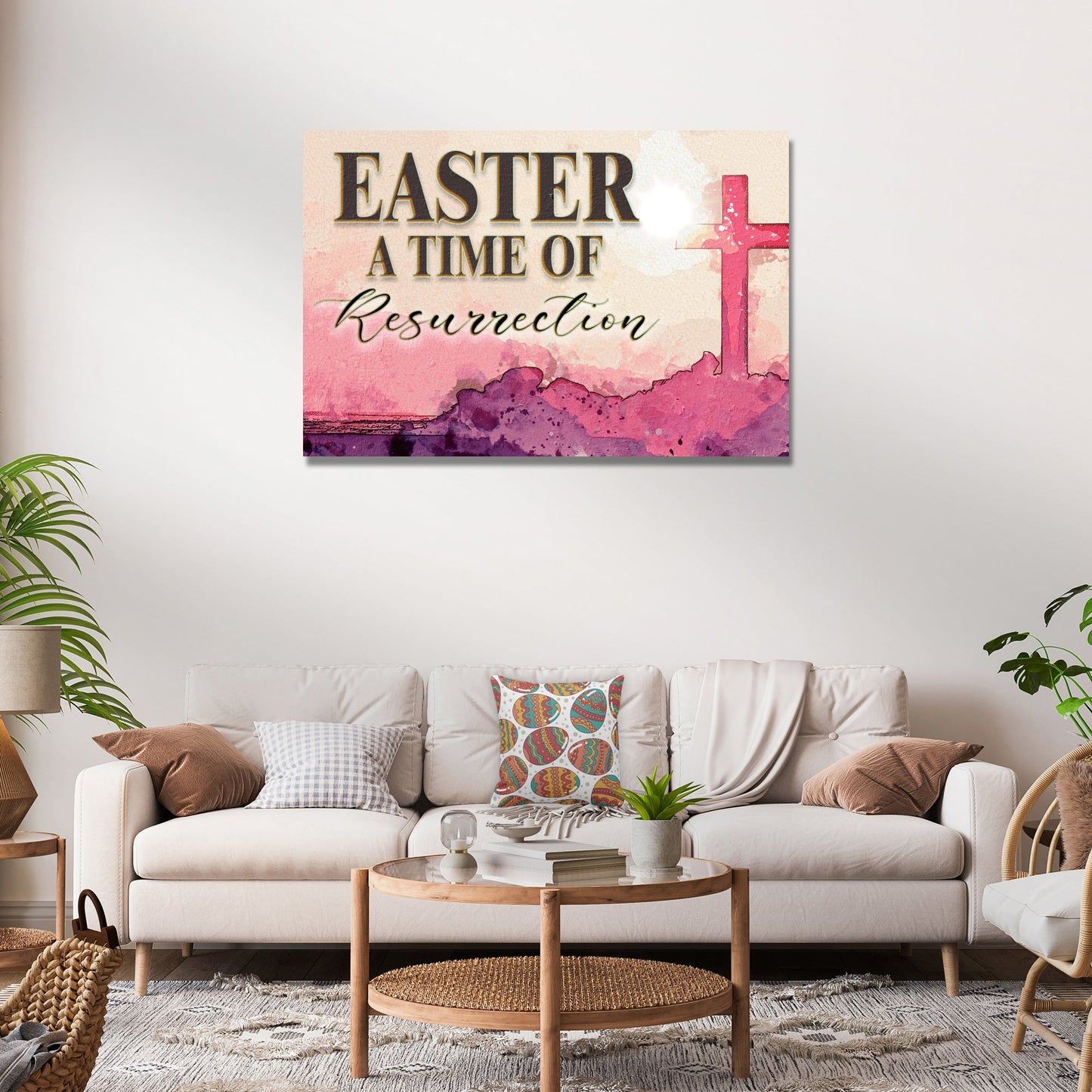 Easter A Time Of Resurrection sign canvas with pink watercolor background and cross on Tampa Home & Garden Store
