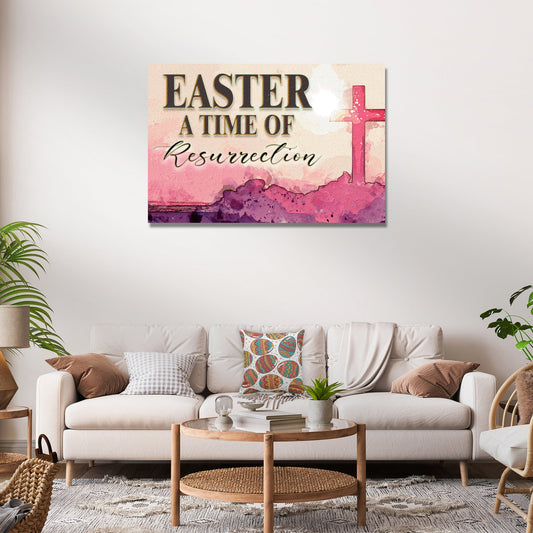 Easter A Time Of Resurrection sign canvas with pink watercolor background and cross on Tampa Home & Garden Store
