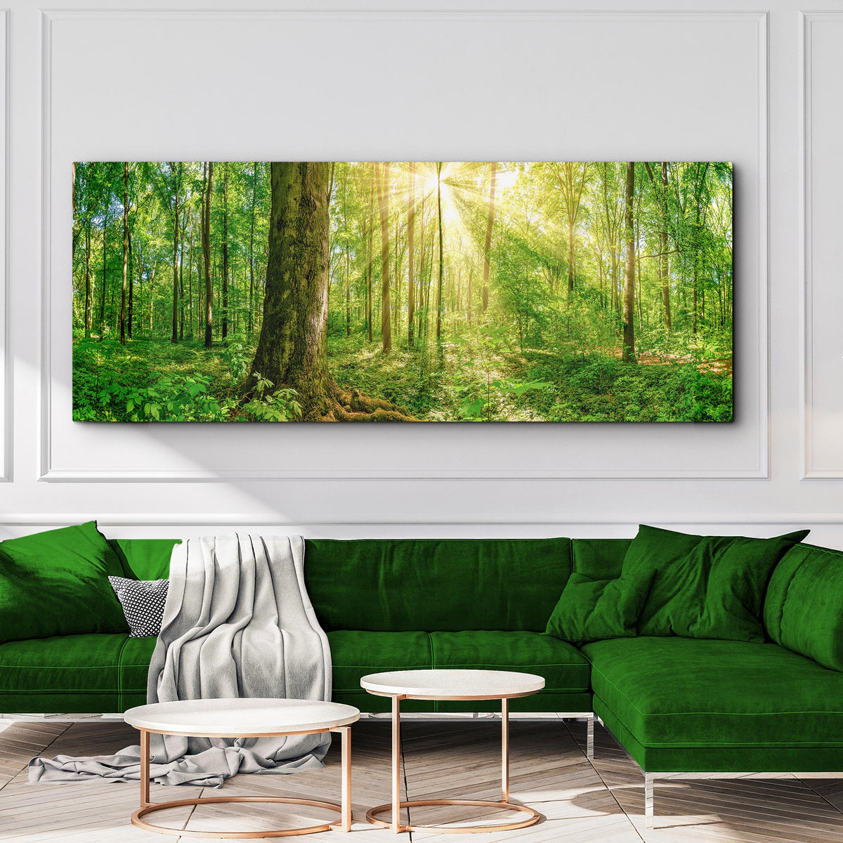 Golden Rays Into The Forest Canvas Wall Art by Tailored Canvases, sunlit forest scene on canvas on Tampa Home & Garden Store