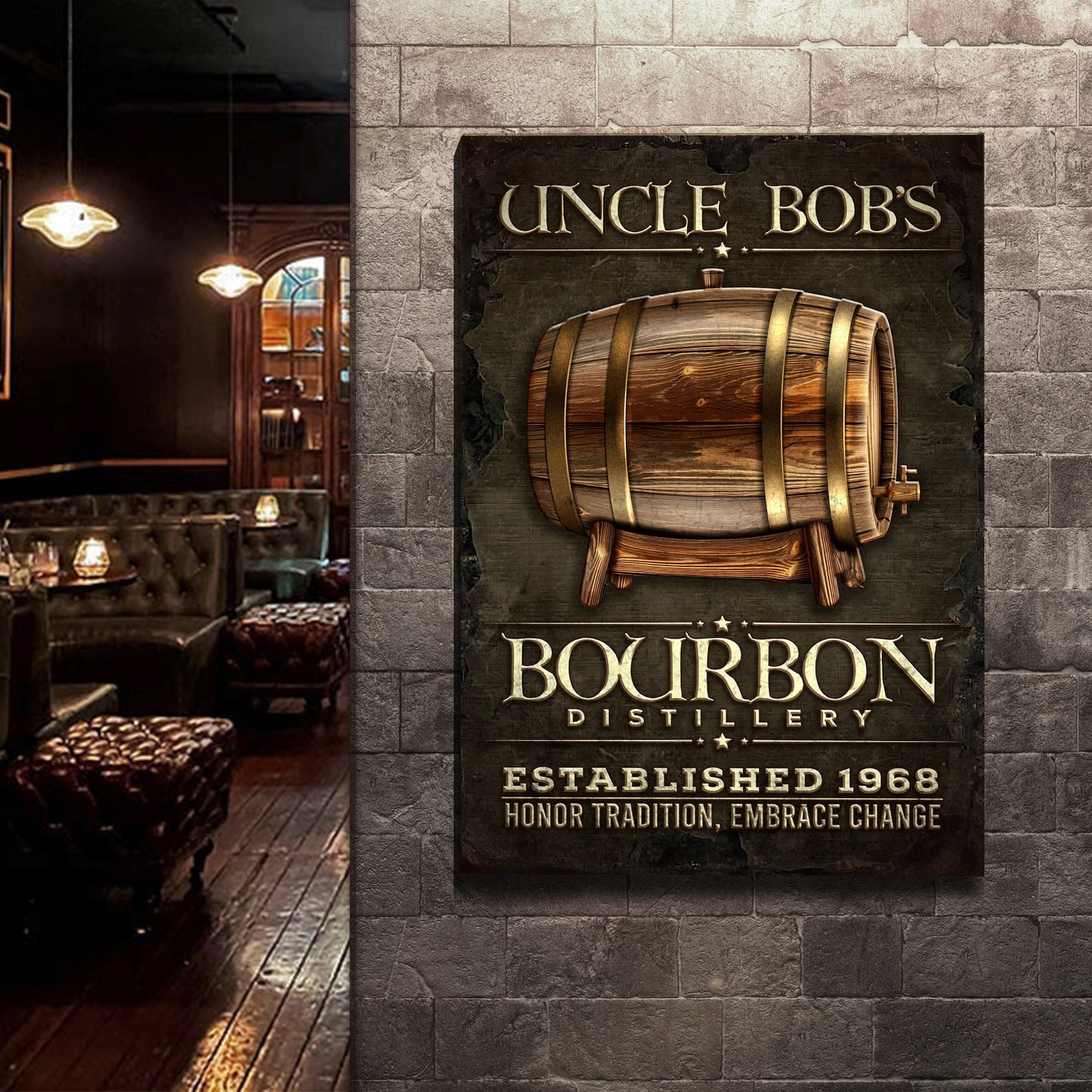 Bourbon Distillery Sign canvas by Tailored Canvases with a wooden barrel and lettering on stone on Tampa Home & Garden Store