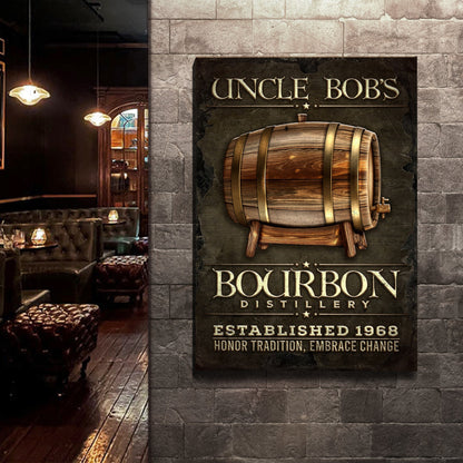 Bourbon Distillery Sign canvas by Tailored Canvases with a wooden barrel and lettering on stone on Tampa Home & Garden Store