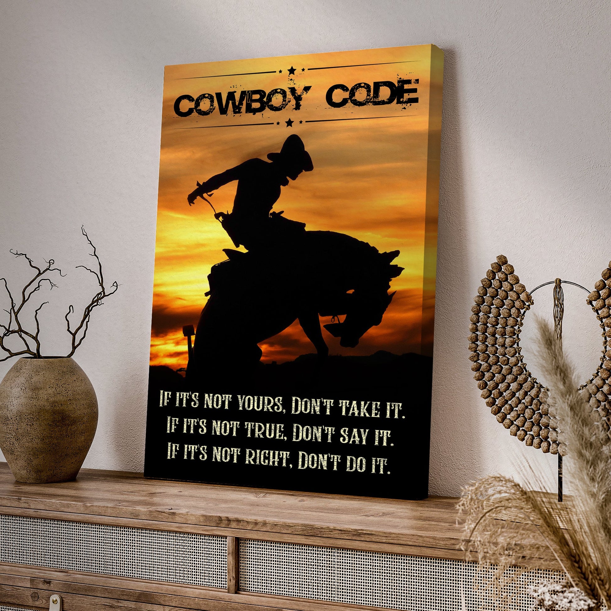 Cowboy Code Sign II canvas by Tailored Canvases with sunset cowboy silhouette on Tampa Home & Garden Store