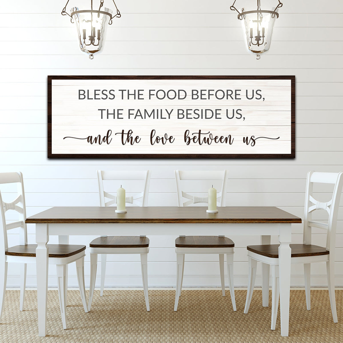 Bless The Food Before Us And The Love Between Us canvas sign by Tailored Canvases in wood frame on Tampa Home & Garden Store