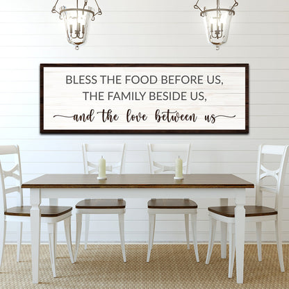 Bless The Food Before Us And The Love Between Us canvas sign by Tailored Canvases in wood frame on Tampa Home & Garden Store