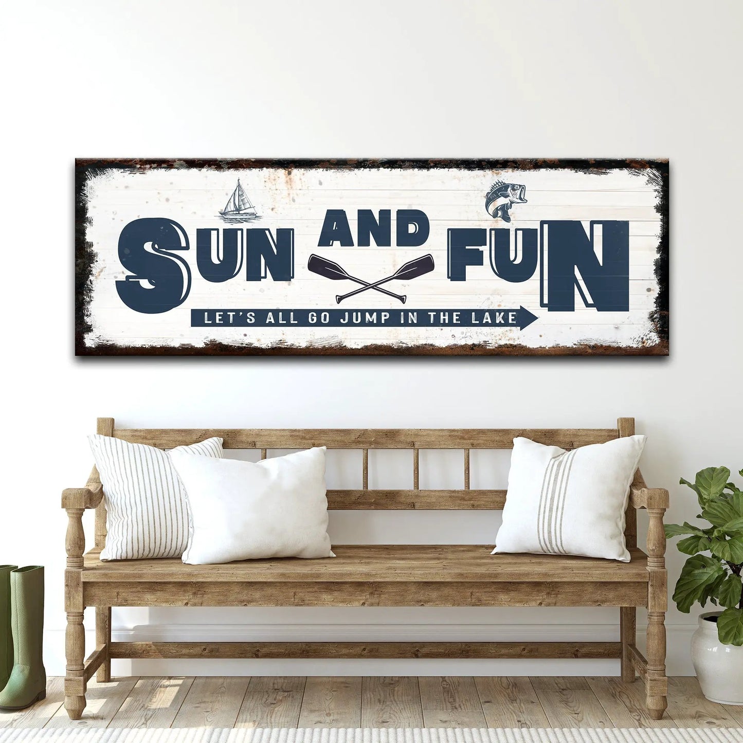 Sun And Fun Sign canvas by Tailored Canvases with distressed white wood backdrop and navy lettering on Tampa Home & Garden Store
