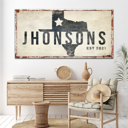 Texas Family Name Sign canvas wall art with rustic frame and Texas silhouette EST 2021 on Tampa Home & Garden Store