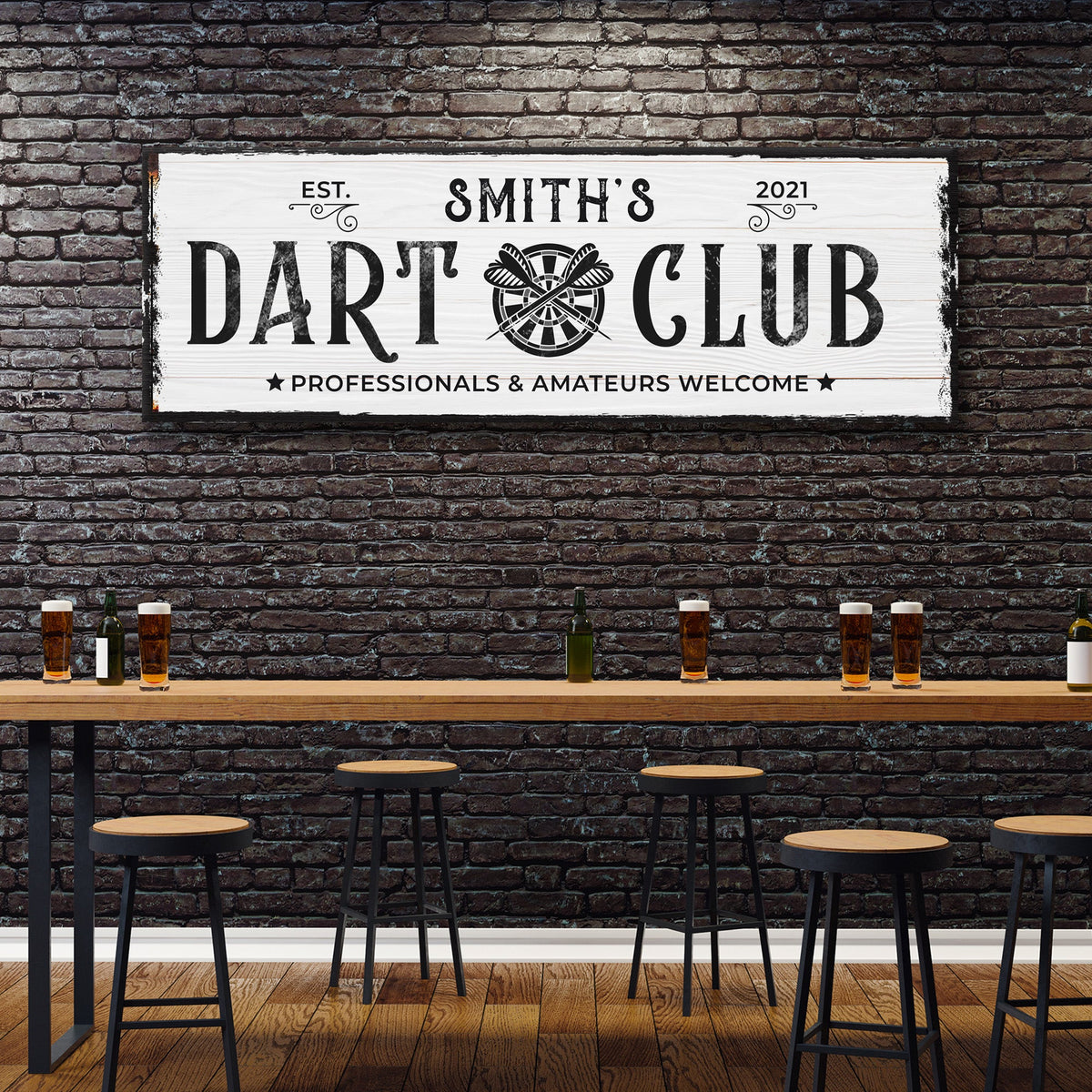 Dart Club Sign II canvas with white plank look, bold DART CLUB and dartboard motif est 2021 on Tampa Home & Garden Store