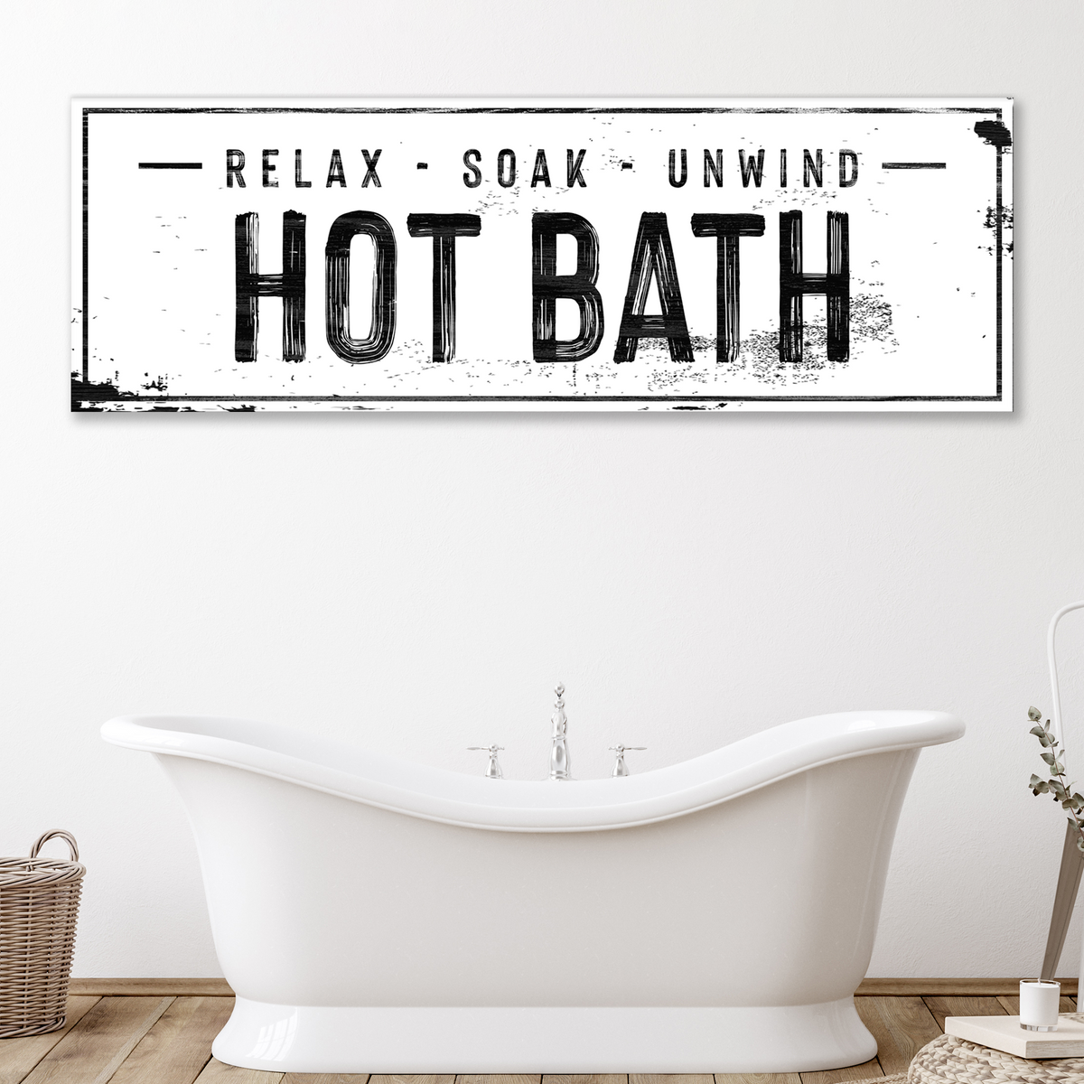Hot Bath Sign canvas by Tailored Canvases; distressed black lettering on white background on Tampa Home & Garden Store