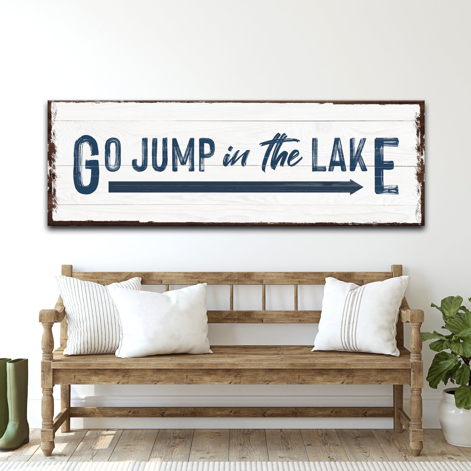 Go Jump In The Lake sign canvas with white wood and navy lettering Tailored Canvases on Tampa Home & Garden Store