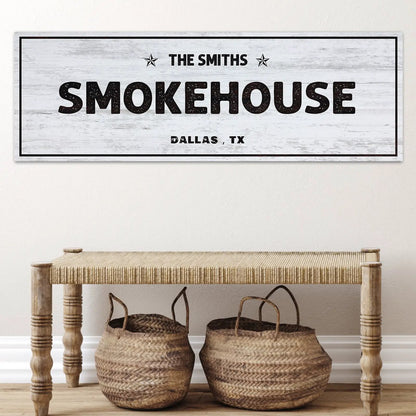 Smokehouse Sign canvas with bold black text on distressed whitewashed wood background Dallas, TX on Tampa Home & Garden Store