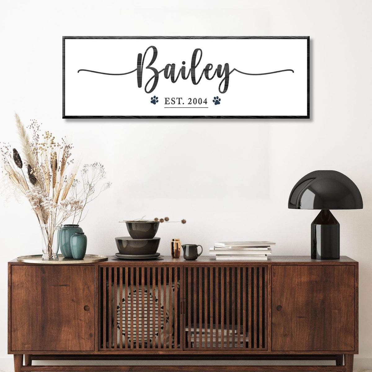 Pet Name Sign II canvas wall art Bailey script with paw prints, EST. 2004, black frame on Tampa Home & Garden Store