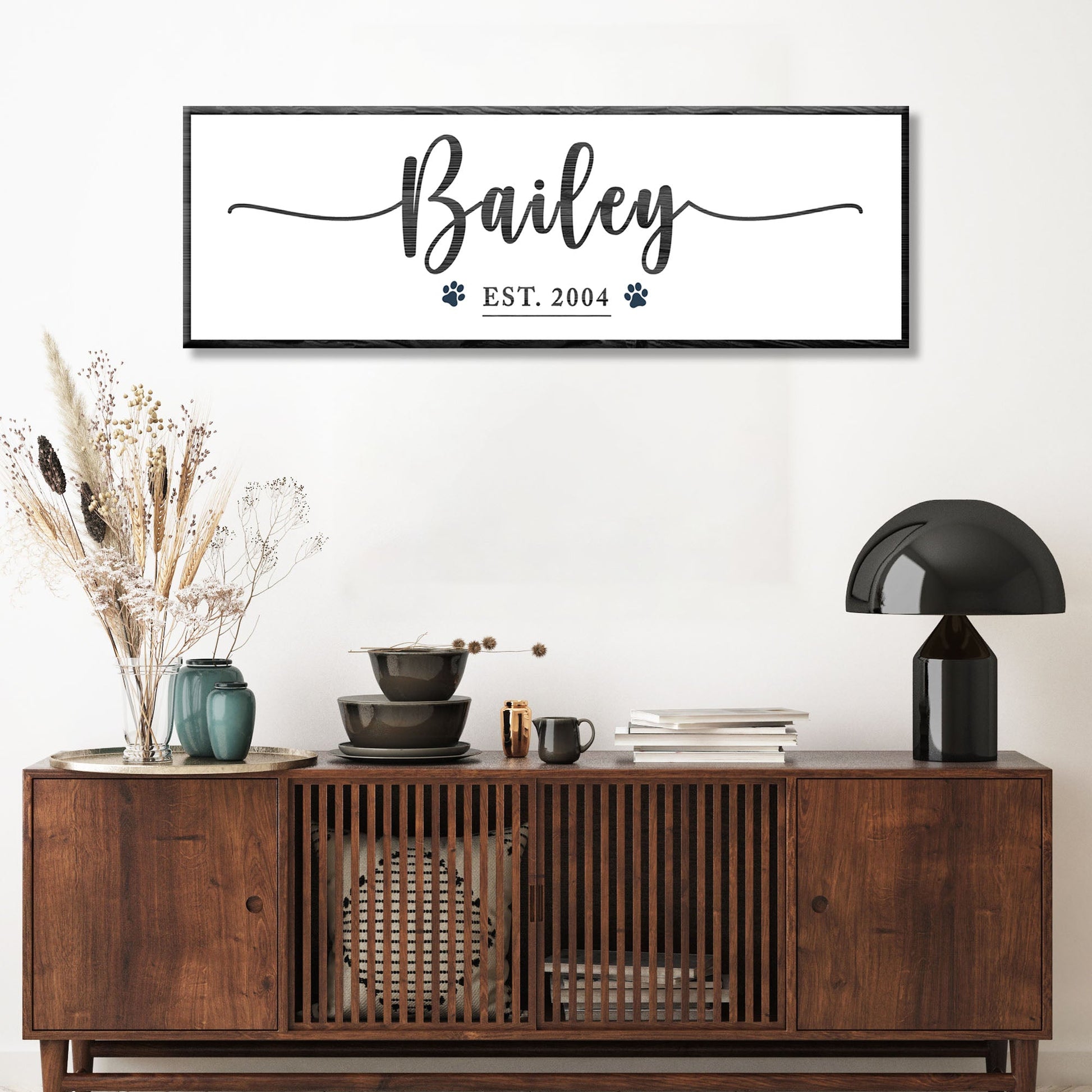 Pet Name Sign II canvas wall art Bailey script with paw prints, EST. 2004, black frame on Tampa Home & Garden Store