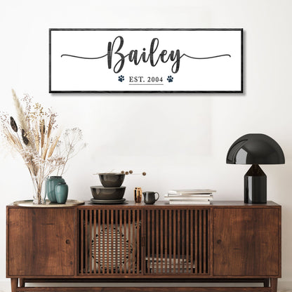 Pet Name Sign II canvas wall art Bailey script with paw prints, EST. 2004, black frame on Tampa Home & Garden Store