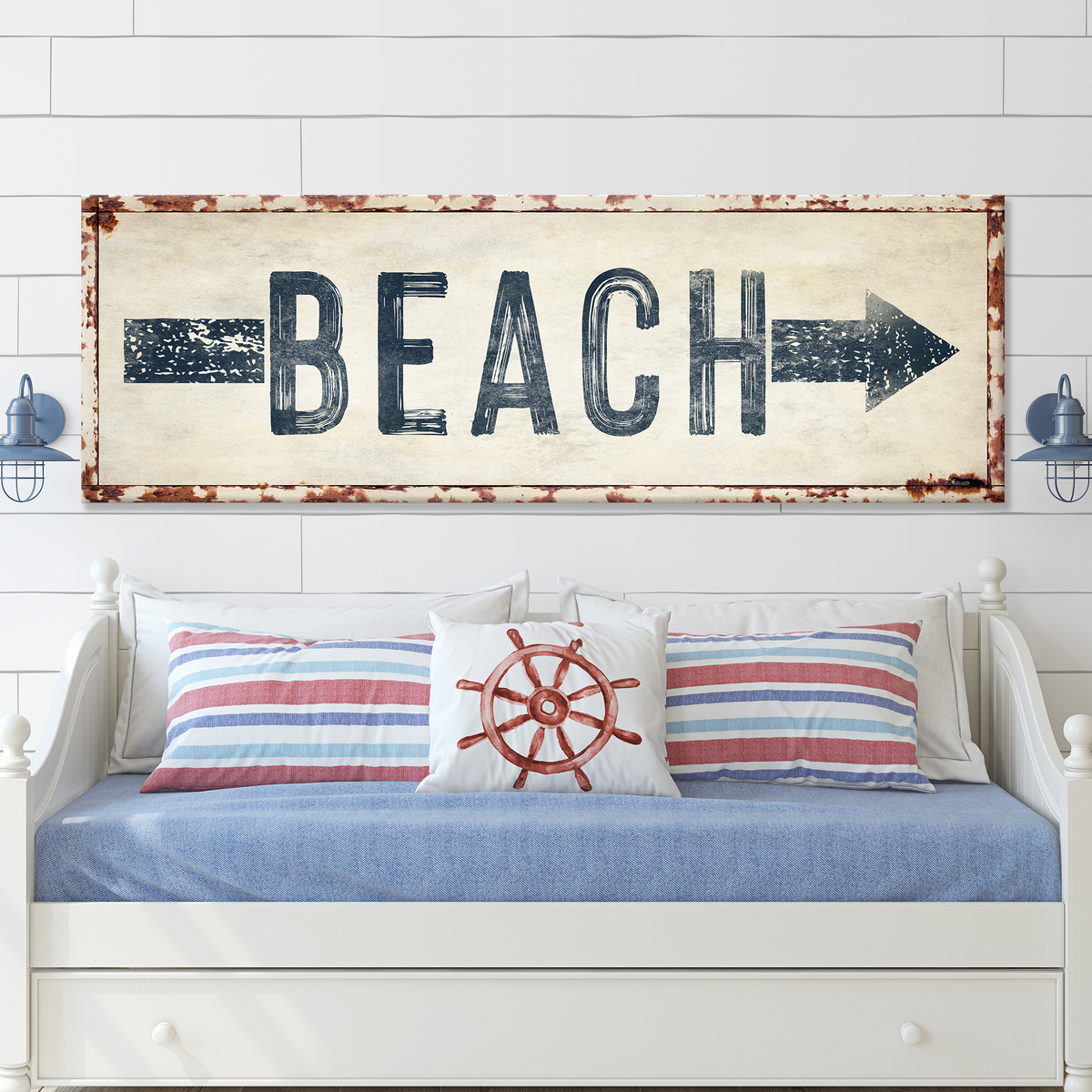 Beach Arrow Sign crafting canvas with distressed navy lettering and rust frame Tailored Canvases on Tampa Home & Garden Store
