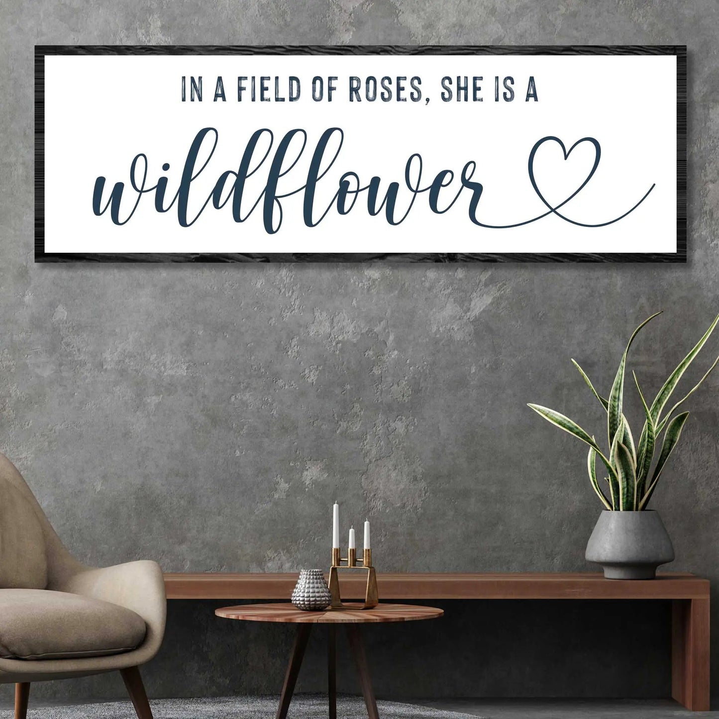 She Is A Wildflower Sign II canvas wall art by Tailored Canvases with wildflower script on Tampa Home & Garden Store