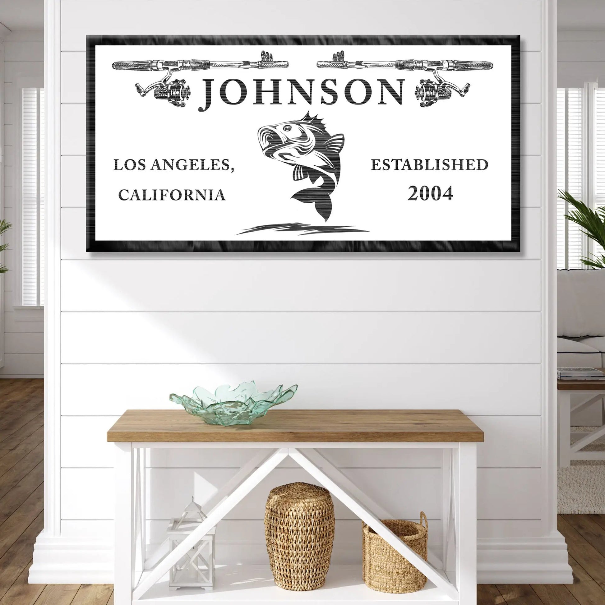 Catching Fish Sign canvas by Tailored Canvases with vintage Johnson logo and fish motif on Tampa Home & Garden Store