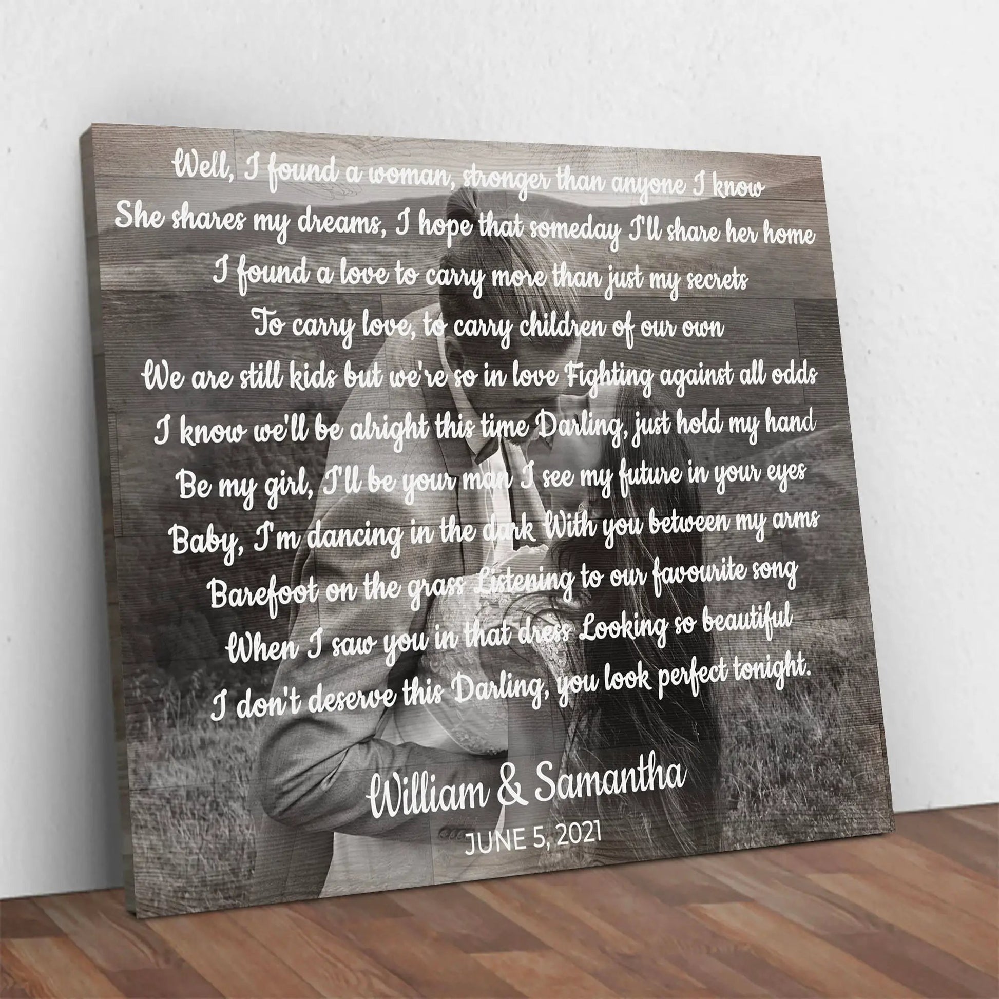 Wedding Song Sign canvas by Tailored Canvases with wood plank backdrop on Tampa Home & Garden Store
