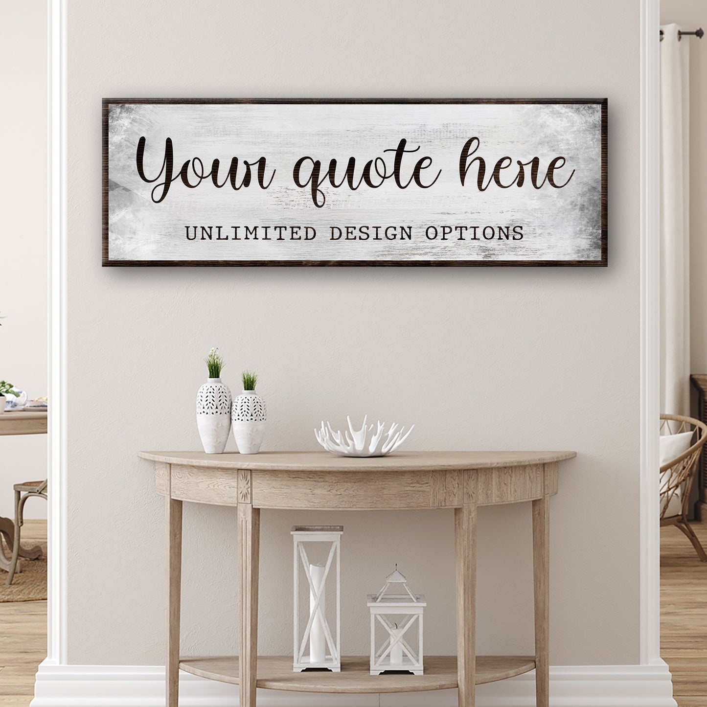 Custom Quote Sign Canvas by Tailored Canvases with distressed white panel and dark wood frame on Tampa Home & Garden Store
