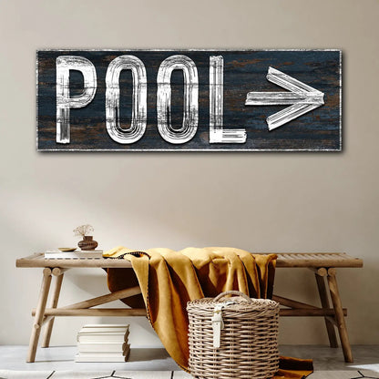 Pool Arrow Sign canvas artwork by Tailored Canvases; distressed white letters on dark blue wood on Tampa Home & Garden Store