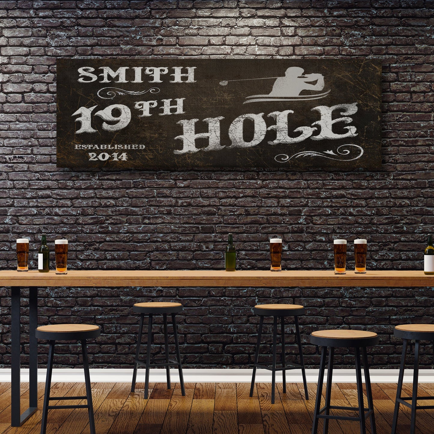 19th Hole sign canvas by Tailored Canvases in burlap with lettering and golf silhouette on Tampa Home & Garden Store