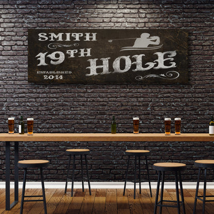 19th Hole sign canvas by Tailored Canvases in burlap with lettering and golf silhouette on Tampa Home & Garden Store