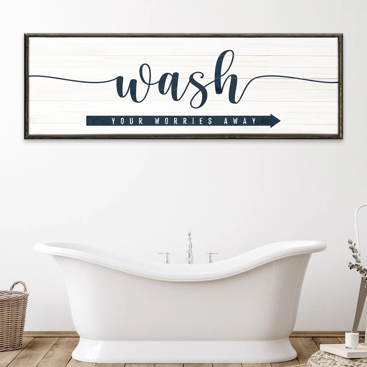 Wash Your Worries Away Sign canvas navy typography on white wood framed Tailored Canvases on Tampa Home & Garden Store