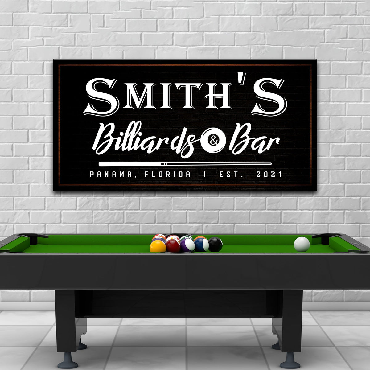 Billiards And Bar Sign II canvas with black background and bold typography framed in wood on brick wall on Tampa Home & Garden Store