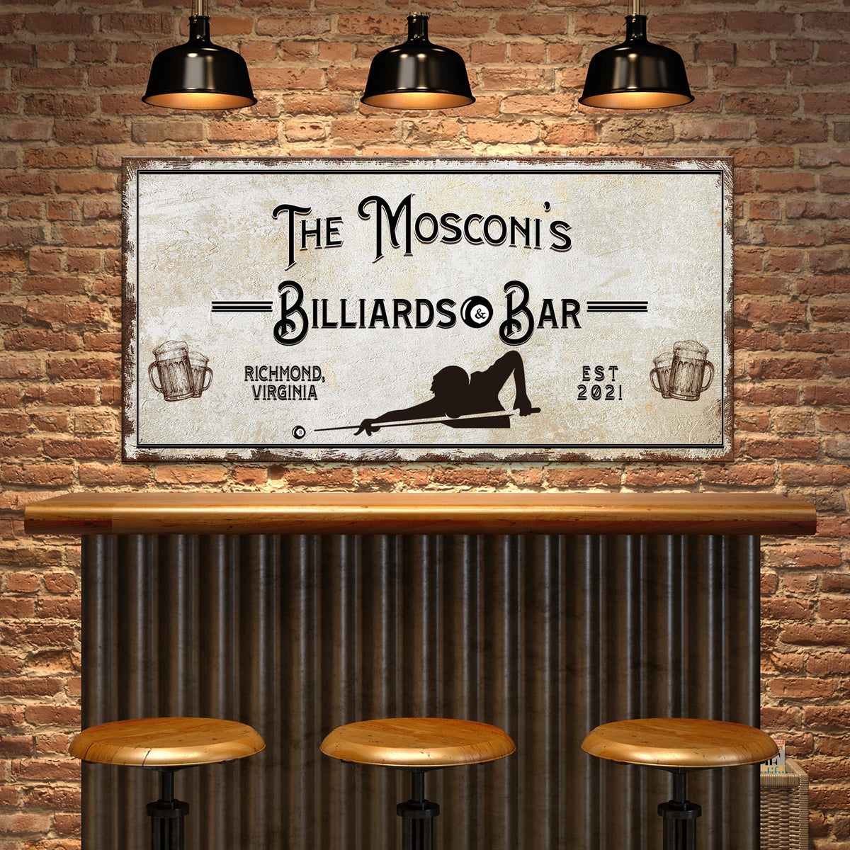 Canvas Billiards And Bar Sign II with beige background and black typography on brick on Tampa Home & Garden Store