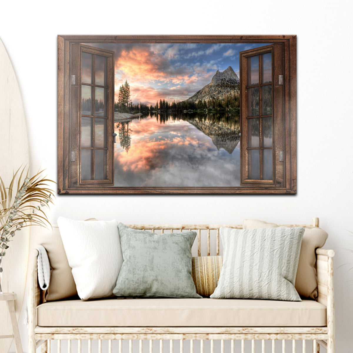 Calming Lake Canvas framed in rustic wood window with sunset lake on Tampa Home & Garden Store