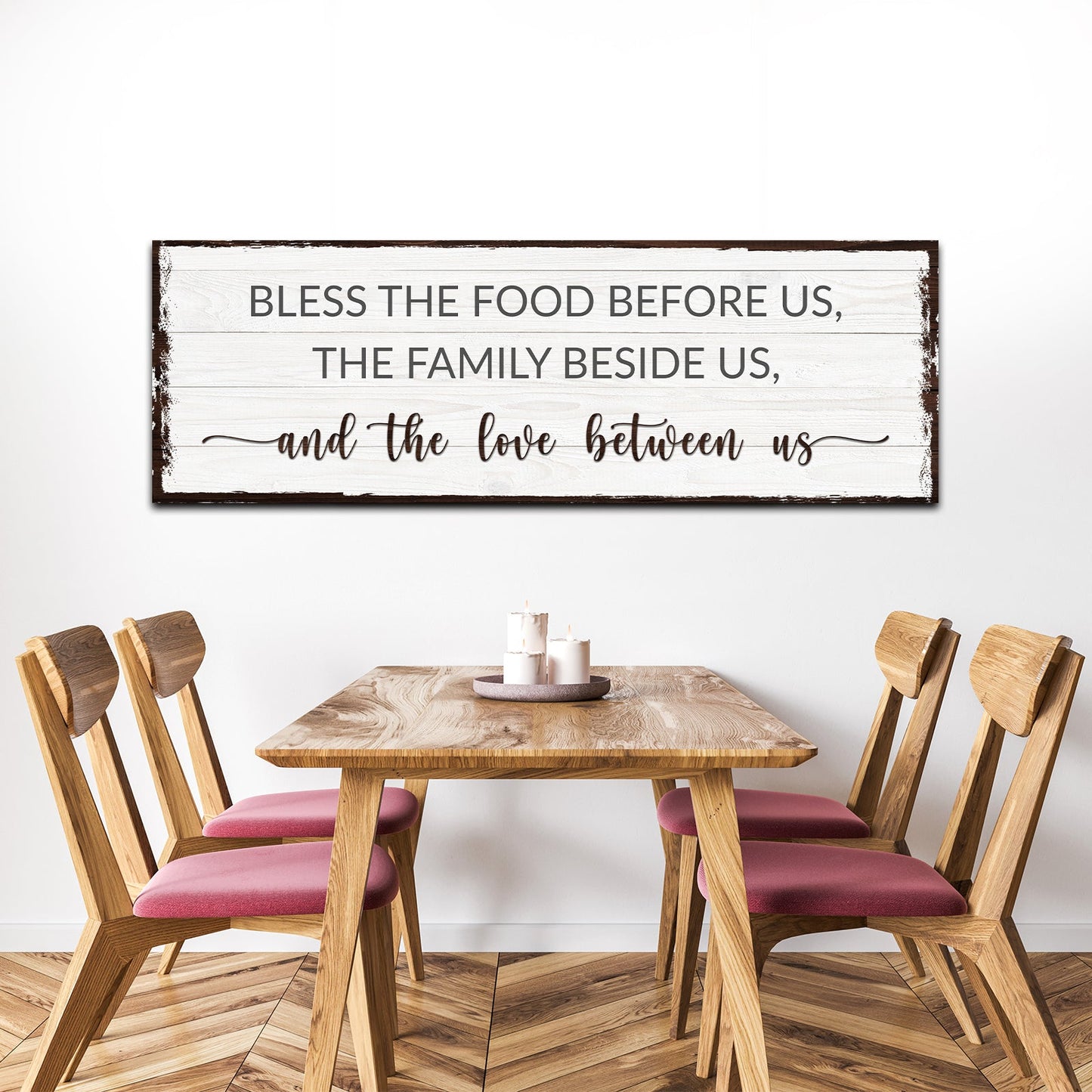 Bless The Food Before Us And The Love Between Us canvas sign on whitewashed wood on Tampa Home & Garden Store