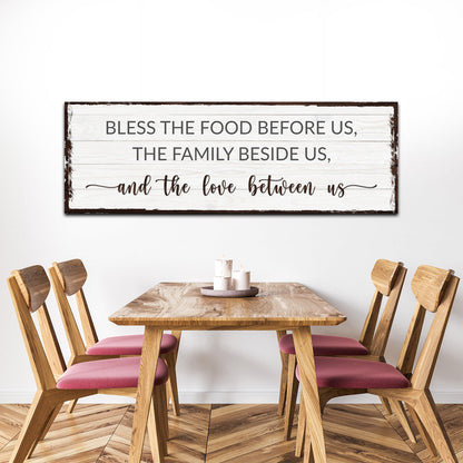 Bless The Food Before Us And The Love Between Us canvas sign on whitewashed wood on Tampa Home & Garden Store