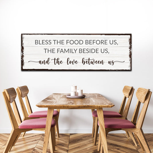 Bless The Food Before Us And The Love Between Us canvas sign on whitewashed wood on Tampa Home & Garden Store