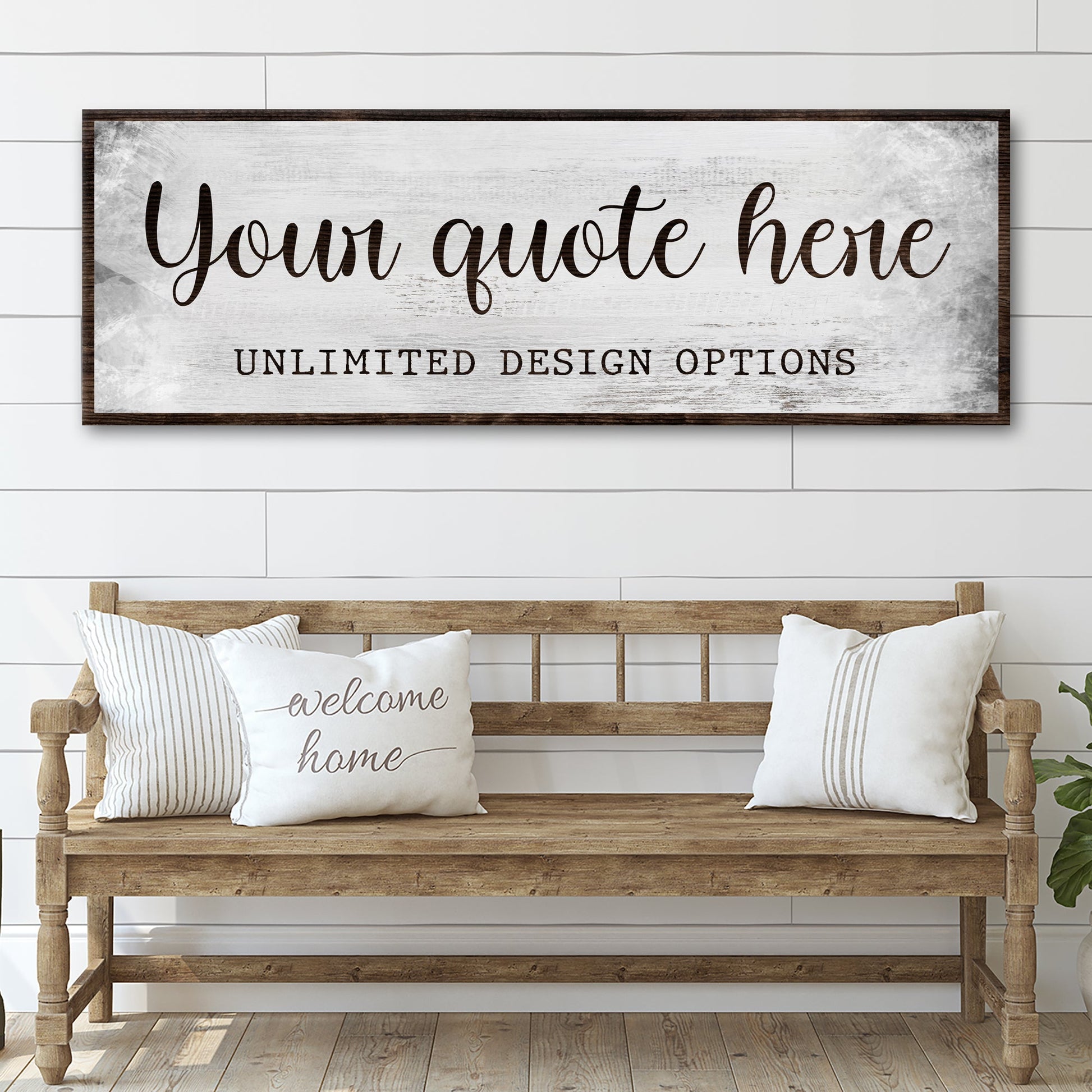 Custom Quote Sign canvas with wood frame on distressed background, script Your quote here on Tampa Home & Garden Store