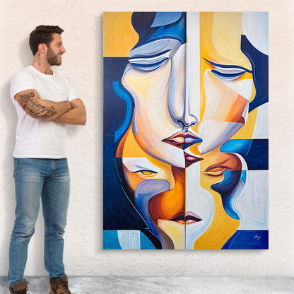 Canvas Print Talk by Tailored Canvases; abstract faces in blue yellow orange tones, 1-piece on Tampa Home & Garden Store