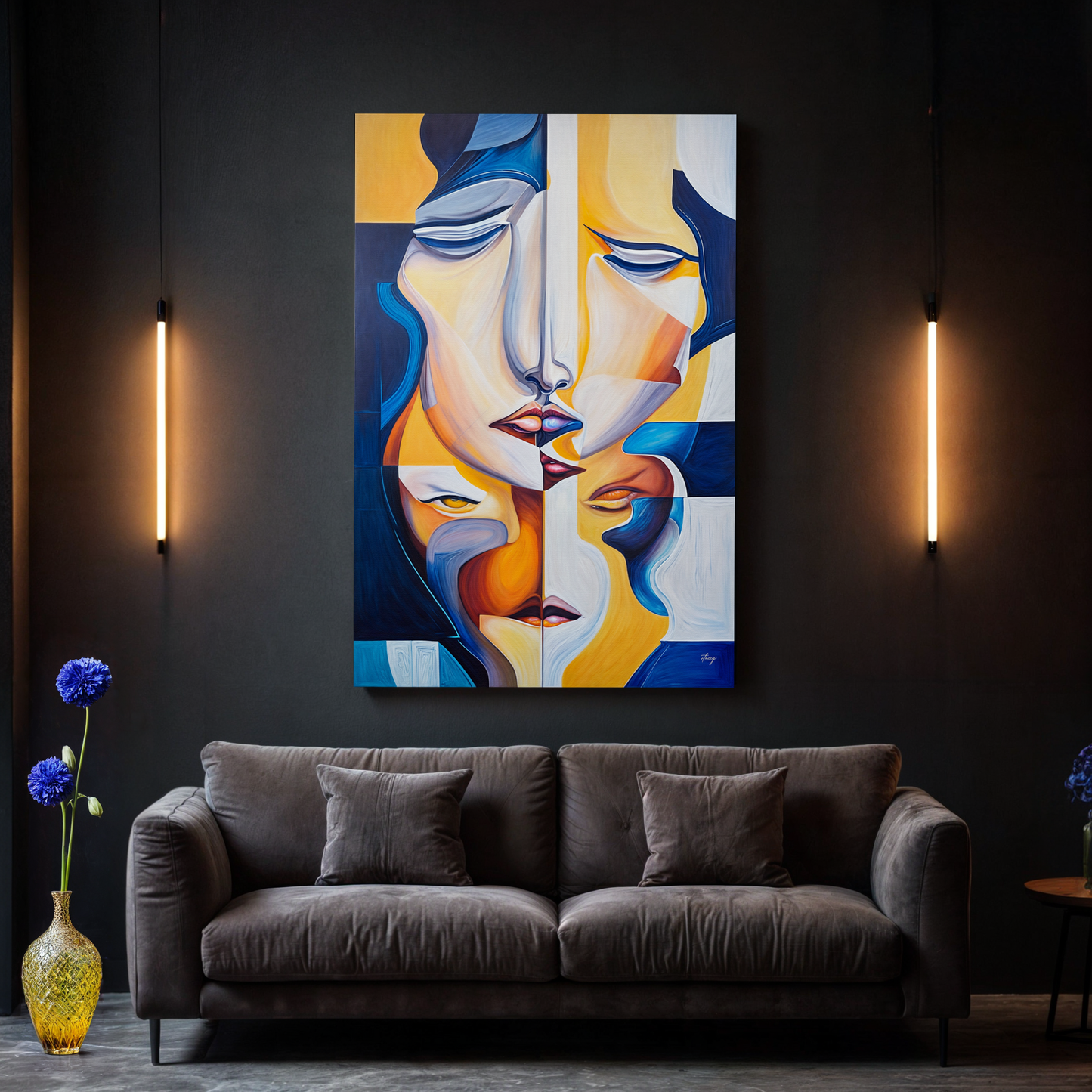 Canvas print Talk by Tailored Canvases, multi-panel abstract portrait in yellow, blue, and white on Tampa Home & Garden Store