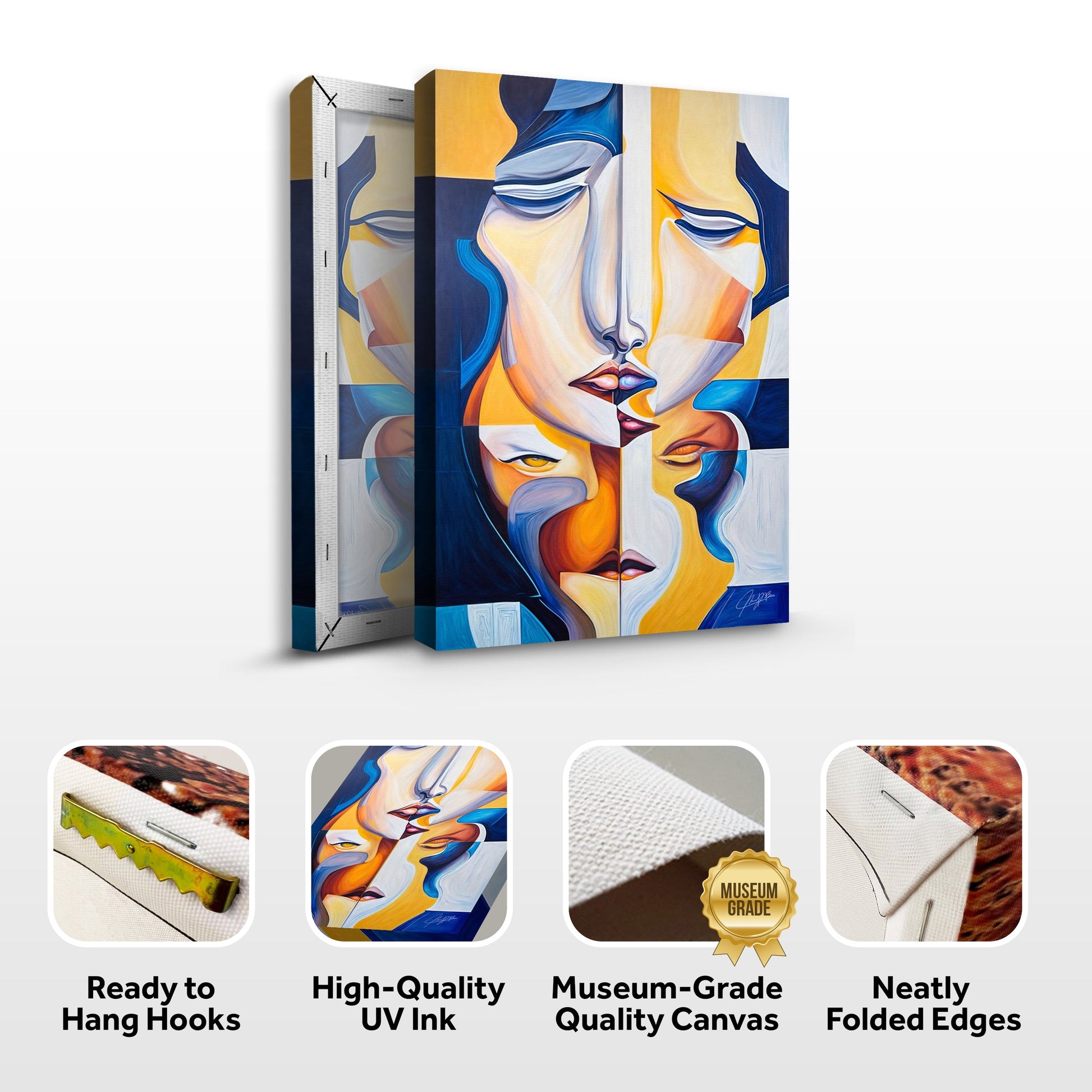 Canvas Print Talk Tailored Canvases crafting canvas triptych with bold blue yellow abstract face on Tampa Home & Garden Store