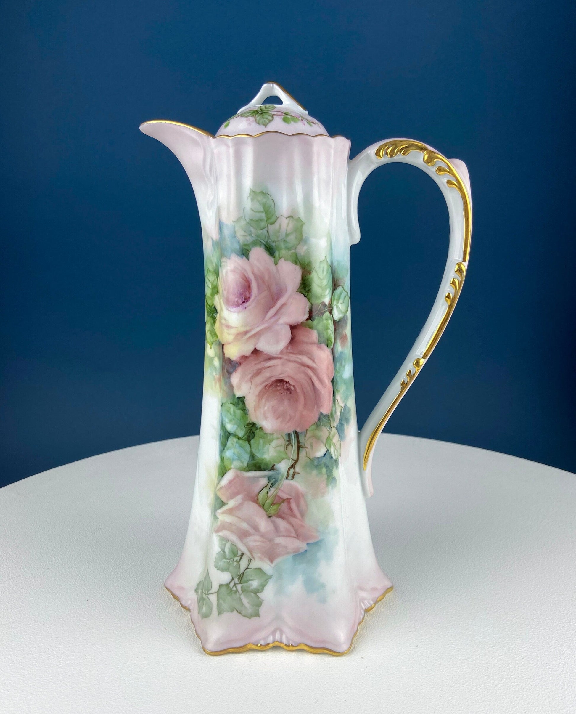 Tall, 11-Inch Antique Hand Painted Hot Chocolate Pot. Stunning Peach Color Roses. Collectible Fine Bone China. Bohemian Chic. - Tampa Home & Garden Store