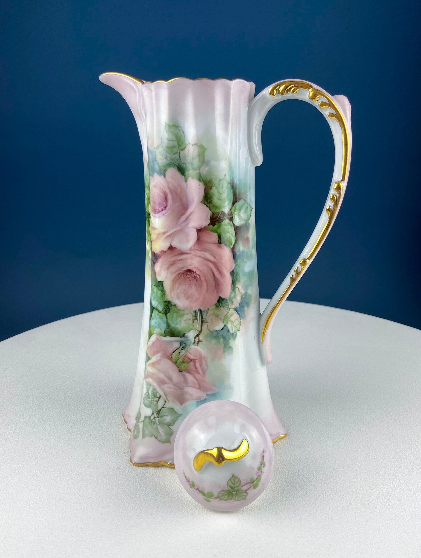 Tall, 11-Inch Antique Hand Painted Hot Chocolate Pot. Stunning Peach Color Roses. Collectible Fine Bone China. Bohemian Chic. - Tampa Home & Garden Store