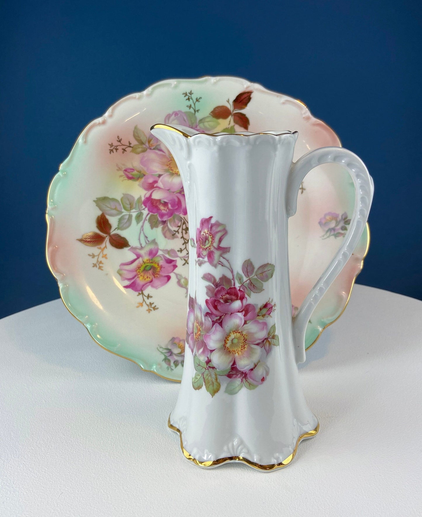 Tall, 11-Inch Antique Hand Painted Hot Chocolate Pot. Stunning Peach Color Roses. Collectible Fine Bone China. Bohemian Chic. - Tampa Home & Garden Store