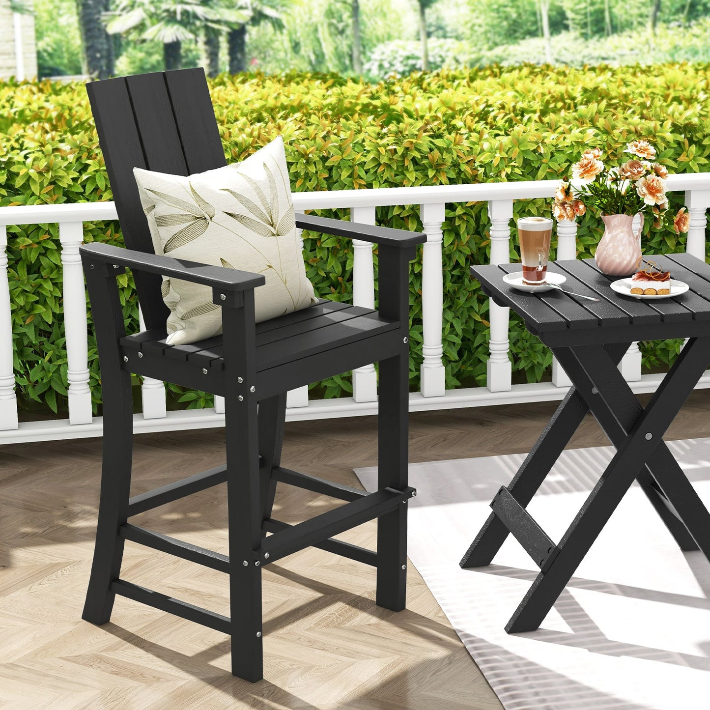 Tall Adirondack Chair Outdoor Bar Stool with Ergonomic Backrest for Backyard-Black