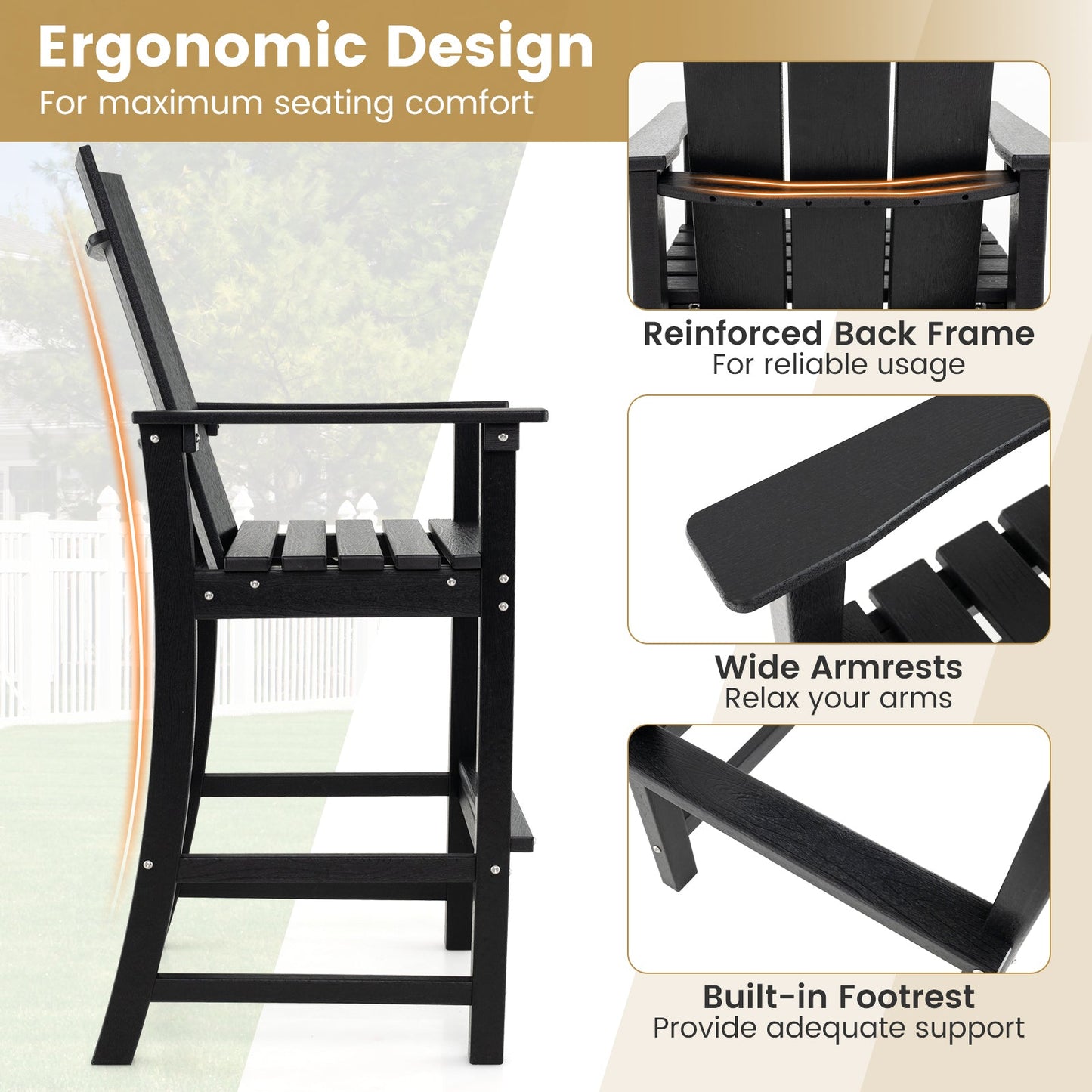 Tall Adirondack Chair Outdoor Bar Stool with Ergonomic Backrest for Backyard-Black