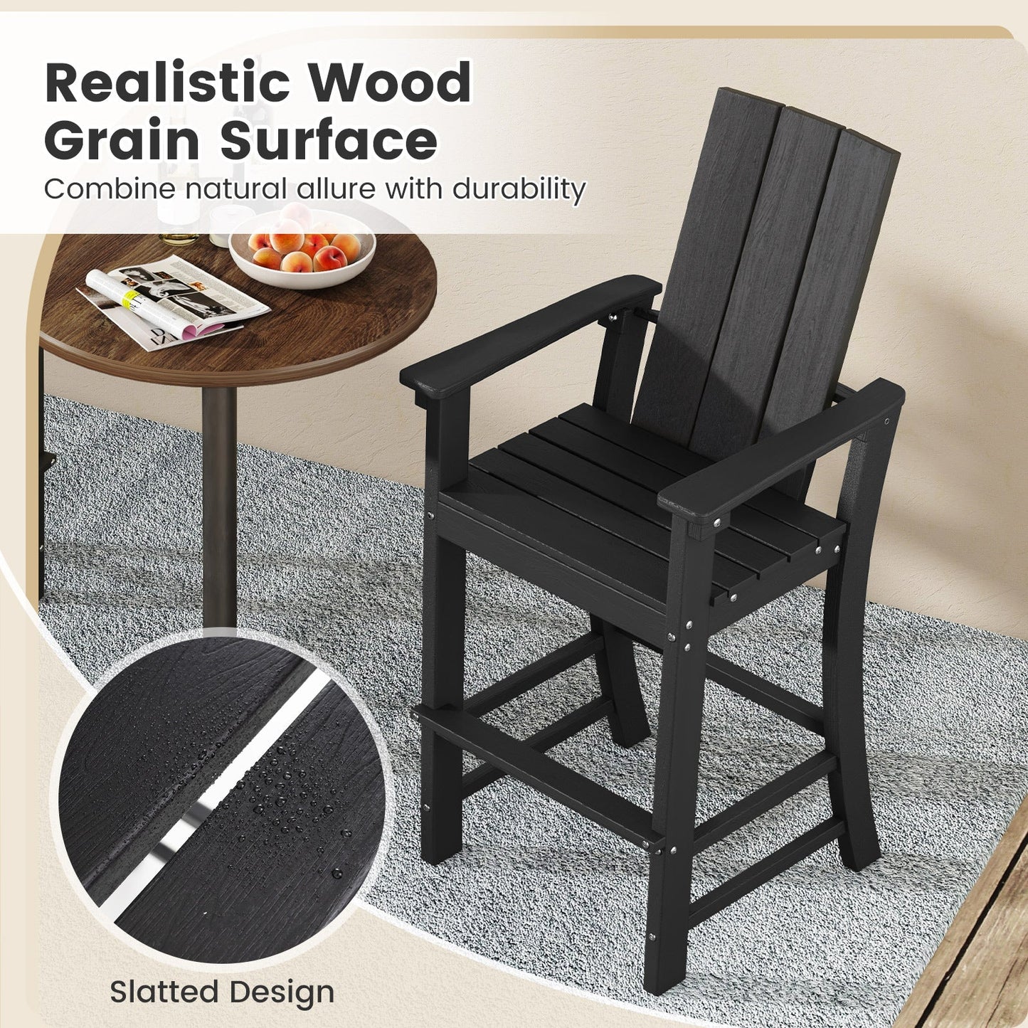 Tall Adirondack Chair Outdoor Bar Stool with Ergonomic Backrest for Backyard-Black
