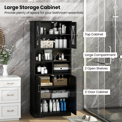 Mueble de Baño Alto Armario de Almacenamiento Grande para el Suelo con Puertas Acrílicas y 3 Cubos - Negro