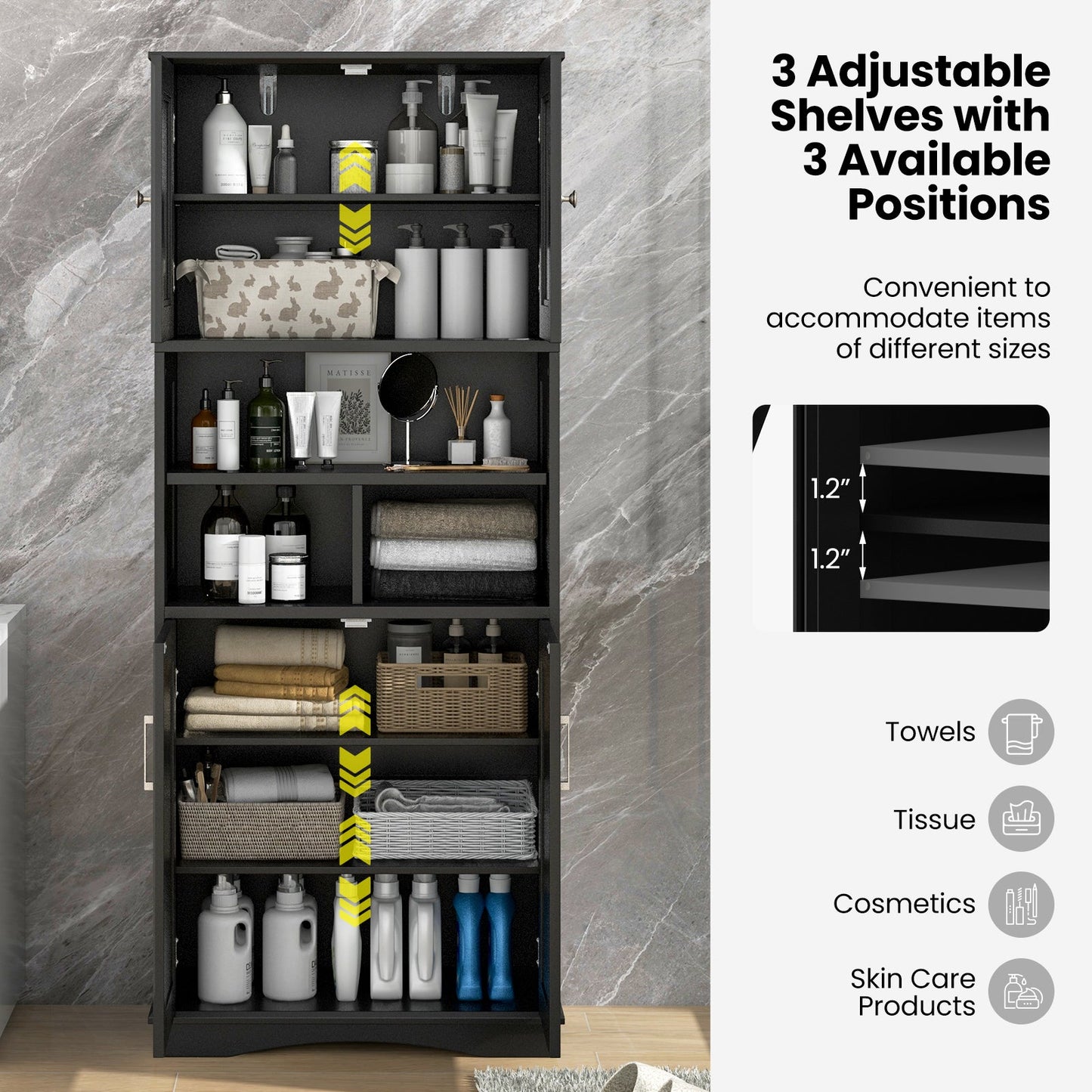 Mueble de Baño Alto Armario de Almacenamiento Grande para el Suelo con Puertas Acrílicas y 3 Cubos - Negro