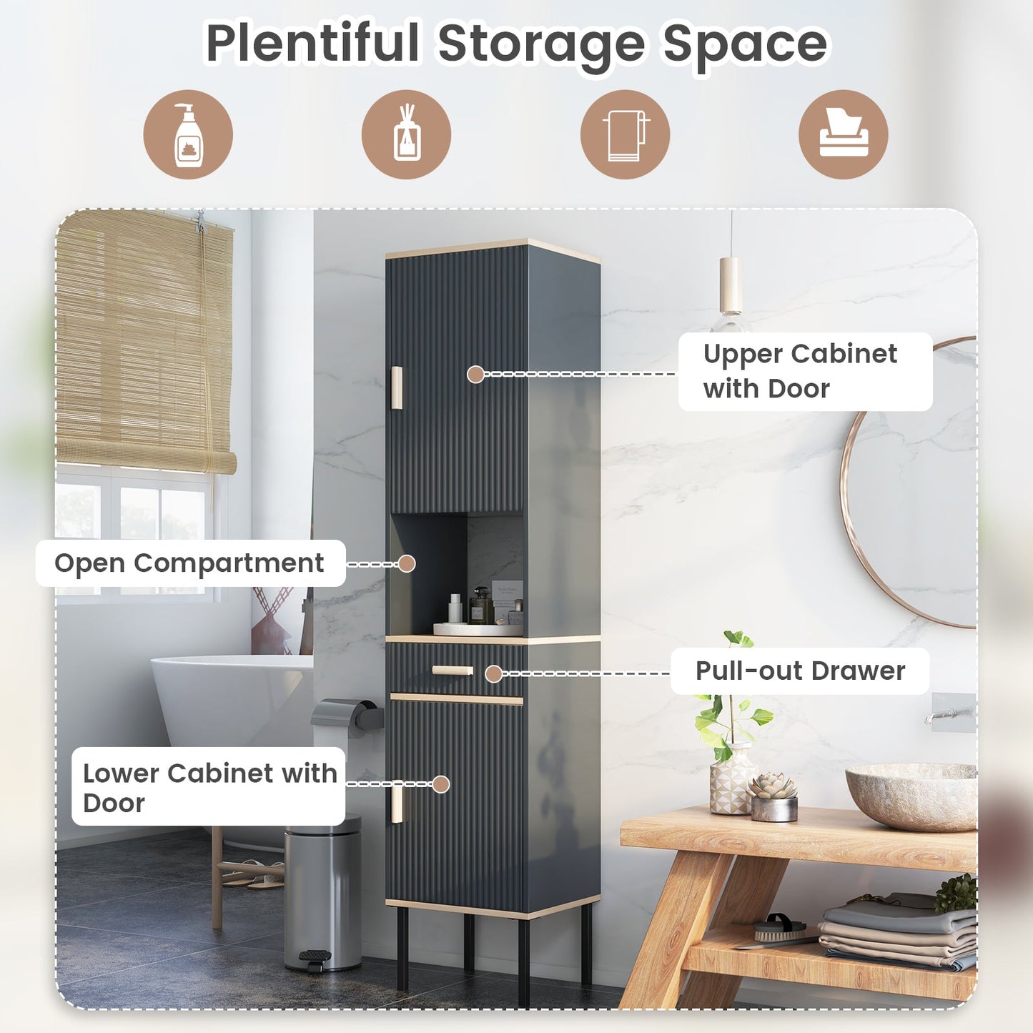 Free-Standing Bathroom Cabinet Narrow Linen with Doors and Drawer-Gray