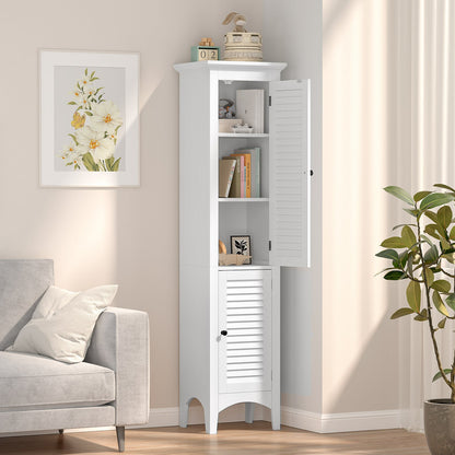 Armario alto de baño con puertas de persiana y estante ajustable - Blanco