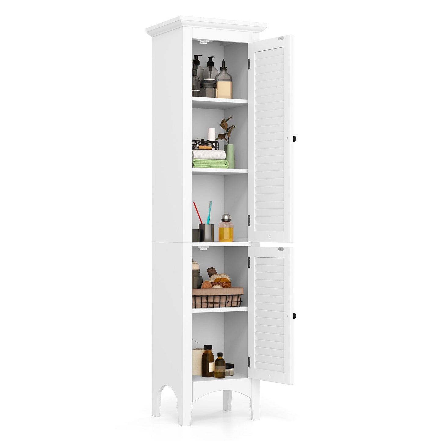 Armario alto de baño con puertas de persiana y estante ajustable - Blanco