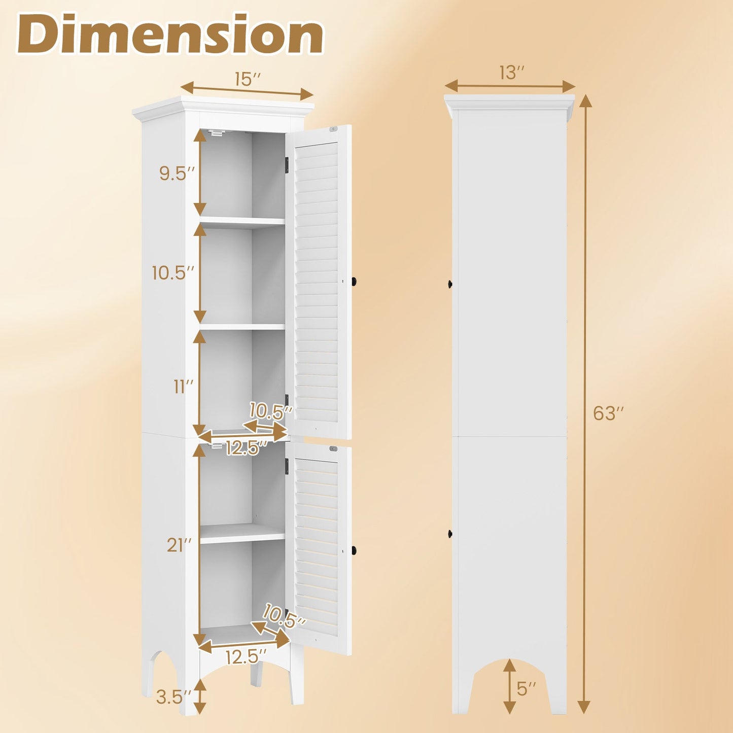 Armario alto de baño con puertas de persiana y estante ajustable - Blanco