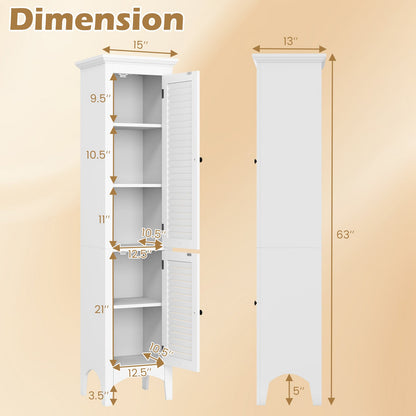 Armario alto de baño con puertas de persiana y estante ajustable - Blanco